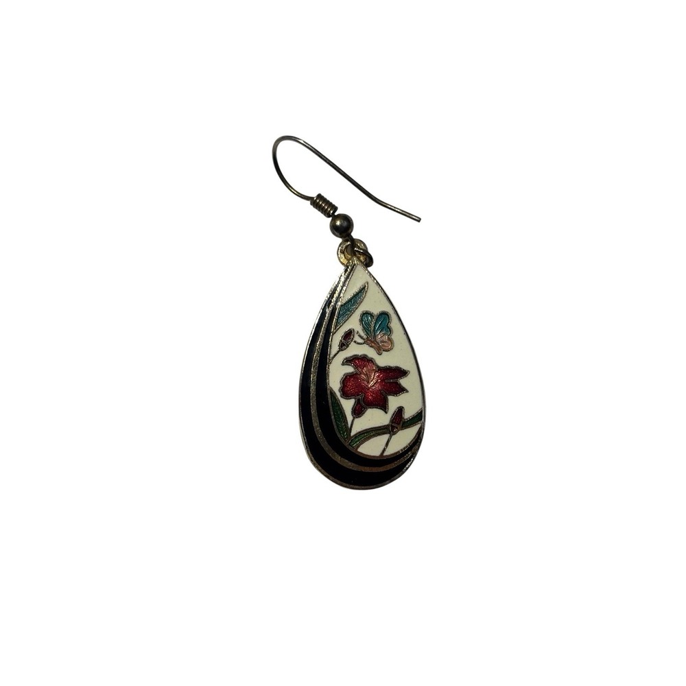 Vintage Gold Tone Cloisonne Enamel Nature Scene Pierced Dangle Teardrop Earrings